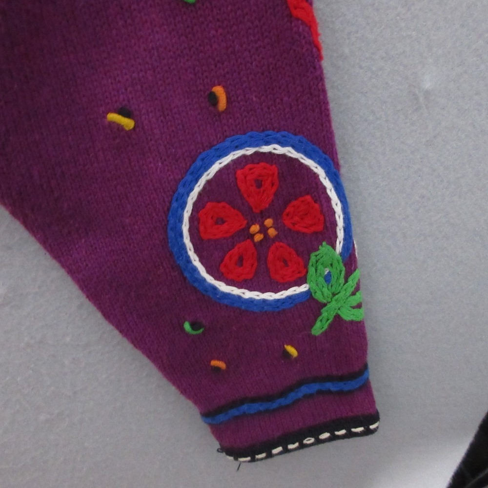 Vintage Rafia Sweater Cardigan Large Floral Embroidered Colorful Statement Boho - Picture 9 of 14